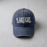 Lake Girl Embroidered Hat, Vintage Washed Cotton Baseball Cap, Summer Lake Vacation Gift