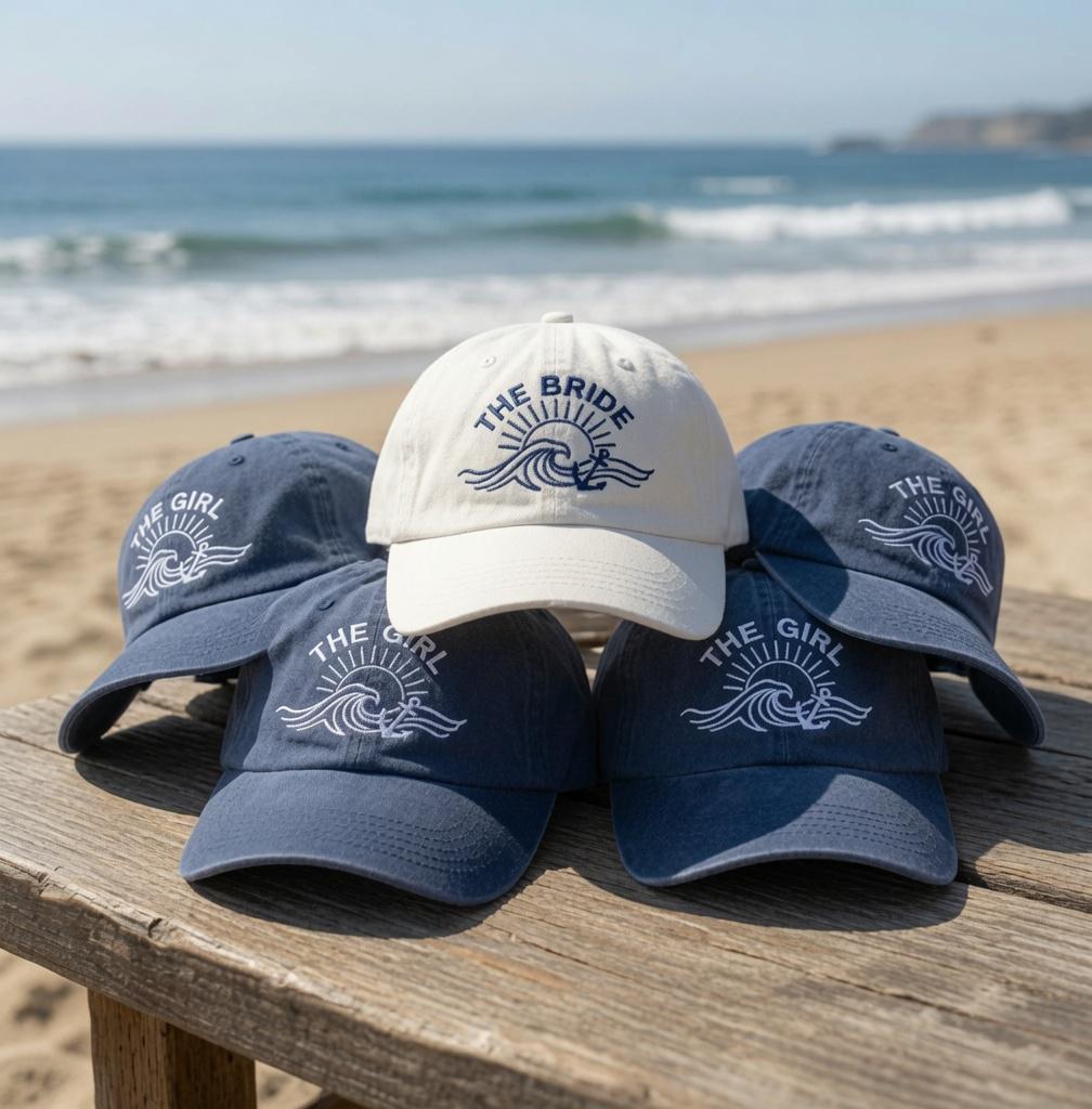 Custom Beach Embroidered Hat | Personalized The Bride Cap | Nautical Bachelorette Party Decor | Custom Wave Anchor Baseball Dad Hat