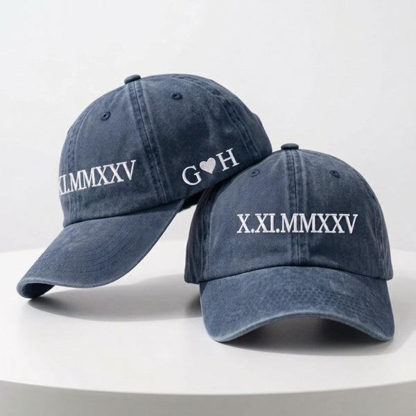 Personalized Roman Numeral Embroidered Hat, Custom Date Washed Cotton Baseball Cap, Anniversary Gift
