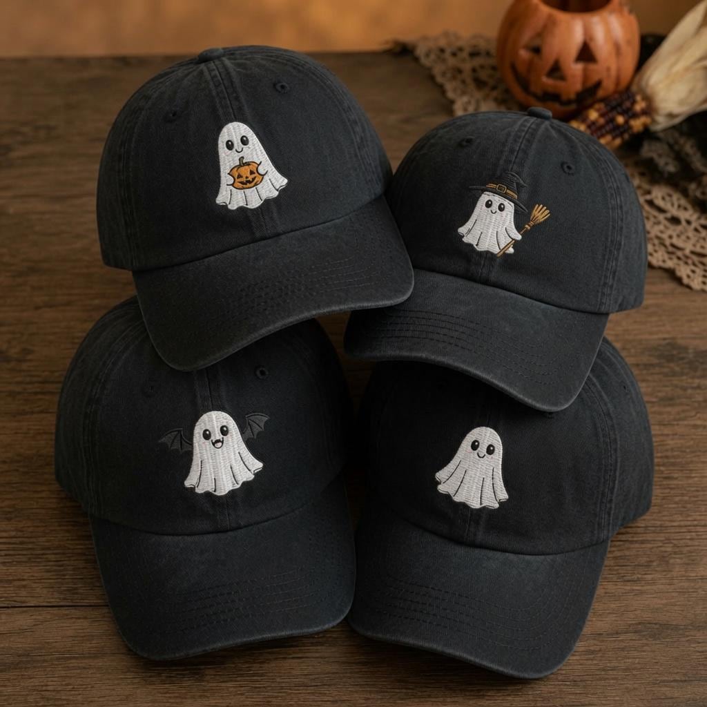 Ghost Line Embroidered Baseball Cap, Cute Halloween Ghost Hat, Matching Spooky Party Gift