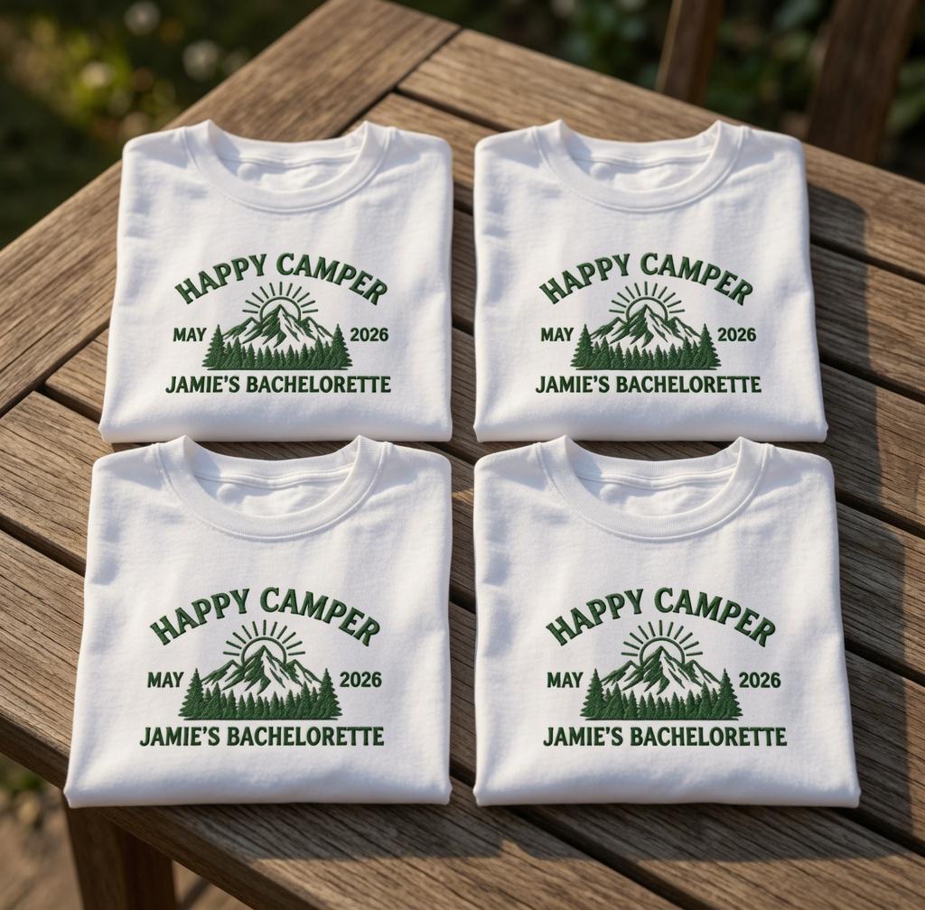 Custom Camp Bachelorette Shirt, Embroidered Happy Camper Mountain Bridal Party Tee