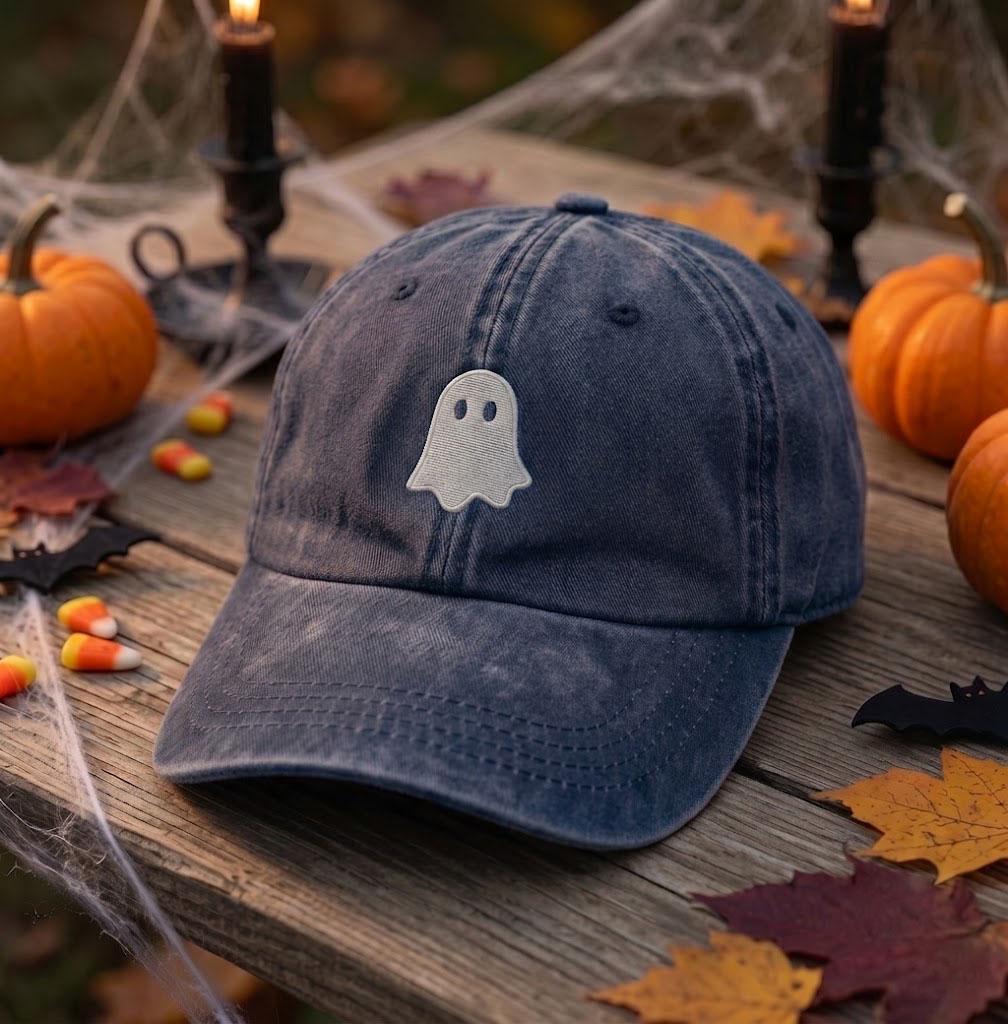 Minimalist Ghost Embroidered Hat, Orange Washed Cotton Baseball Cap, Halloween Gift