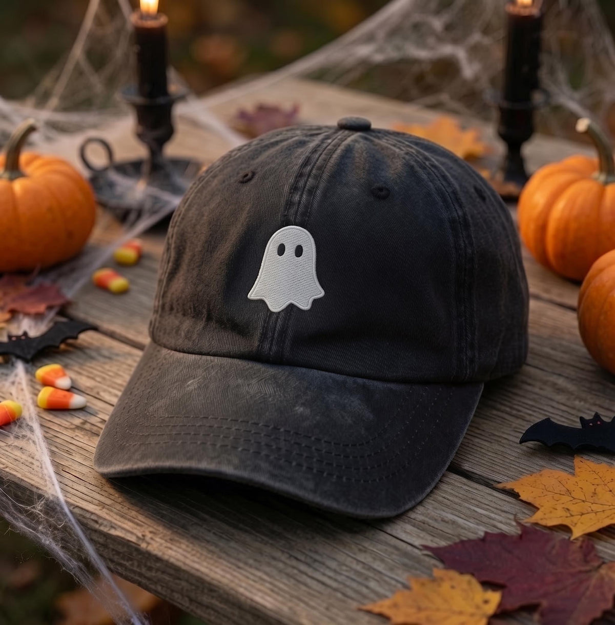 Minimalist Ghost Embroidered Hat, Orange Washed Cotton Baseball Cap, Halloween Gift