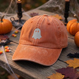 Minimalist Ghost Embroidered Hat, Orange Washed Cotton Baseball Cap, Halloween Gift