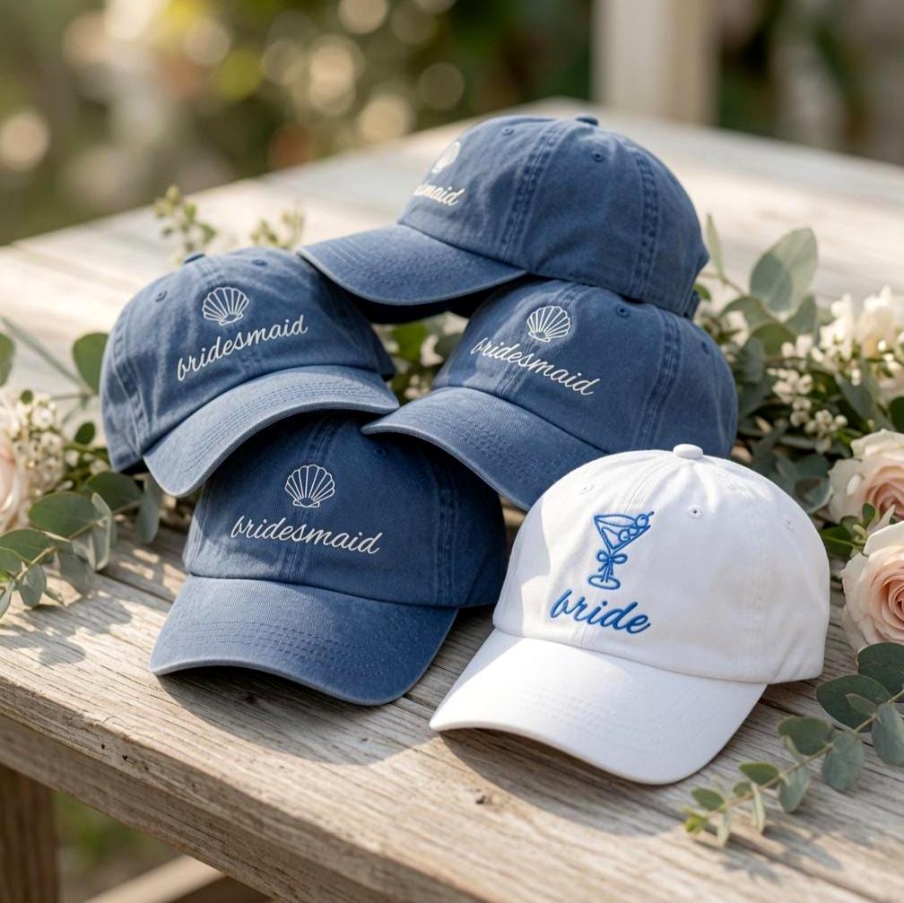 Custom Beach Bachelorette Hats Bride Bridesmaid Caps Personalized Wedding Dad Hat Coastal Bridal Party Gifts Seashell Embroidered Cap