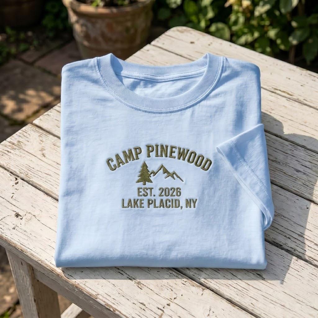 Custom Camp Pinewood Shirt, Embroidered Mountain Tree Camping Vacation 2026 Tee