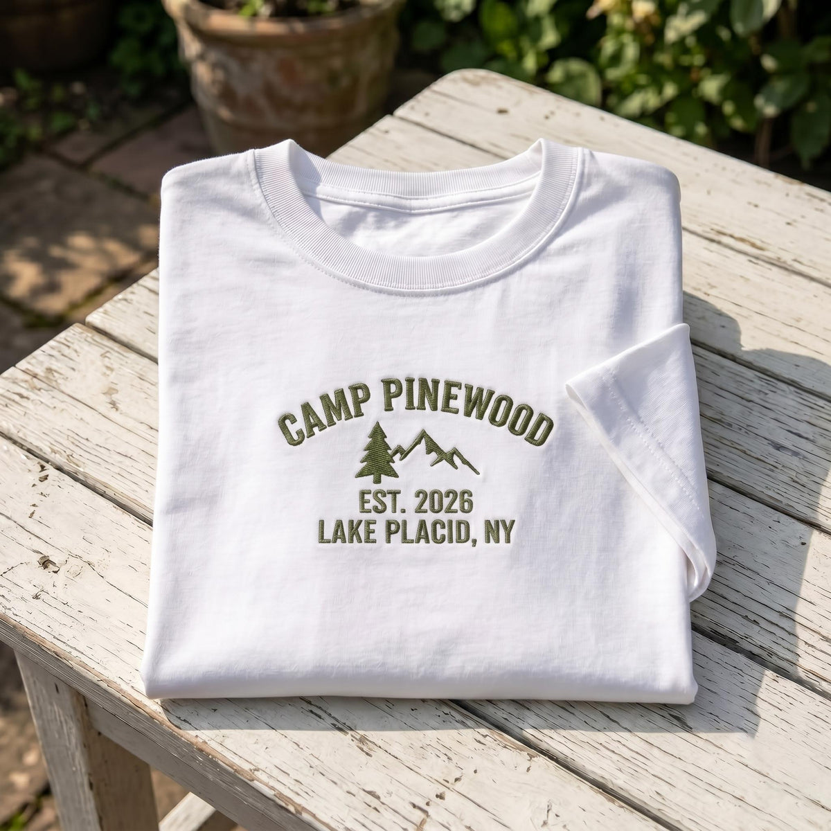 Custom Camp Pinewood Shirt, Embroidered Mountain Tree Camping Vacation 2026 Tee