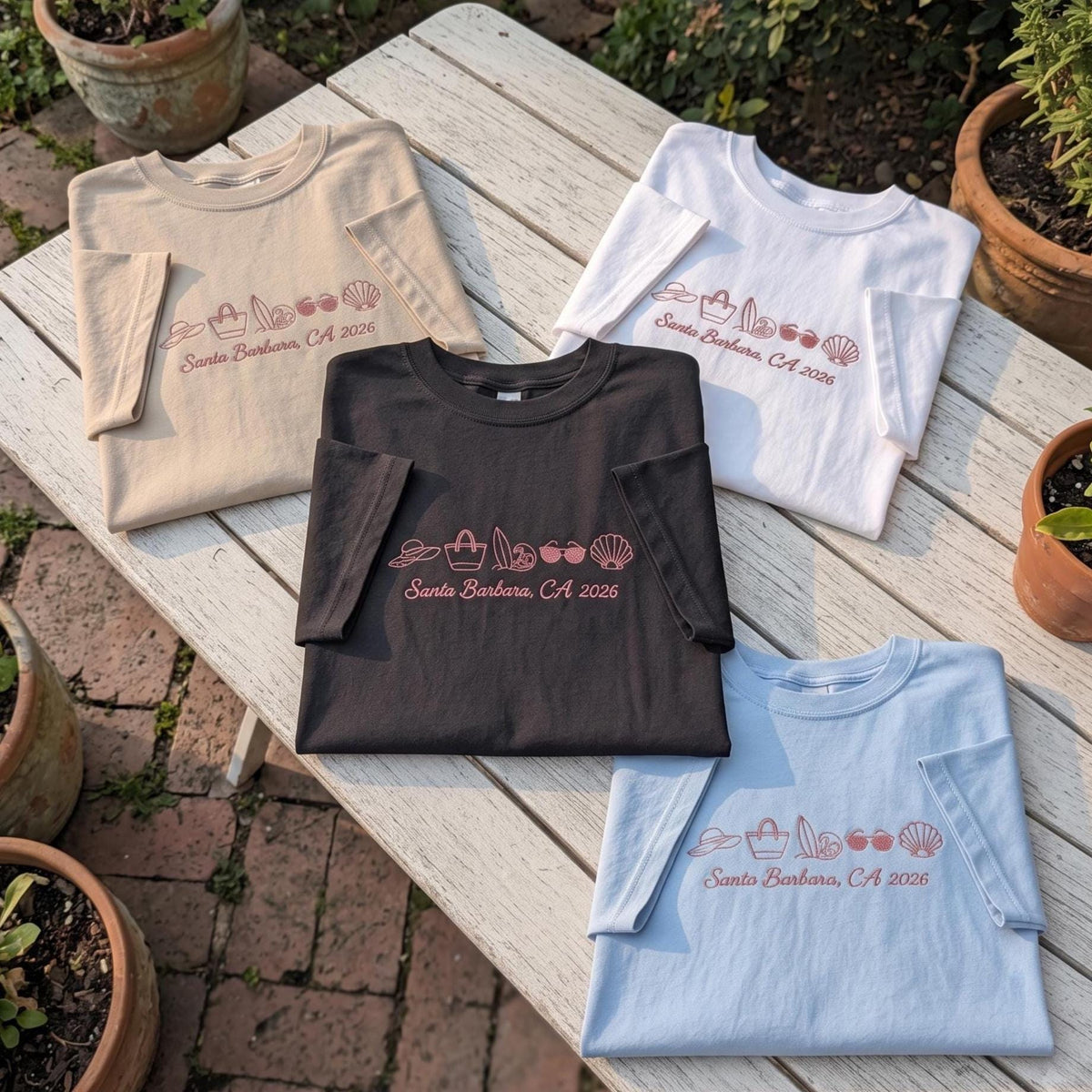 Custom Santa Barbara CA Shirt, Embroidered Beach Icons California Vacation Tee