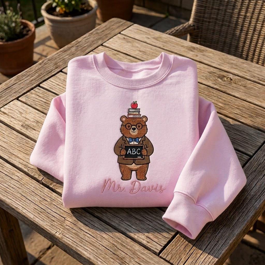 Custom Teacher Embroidered Sweatshirt, Personalized Bear Cute School Staff Crewneck