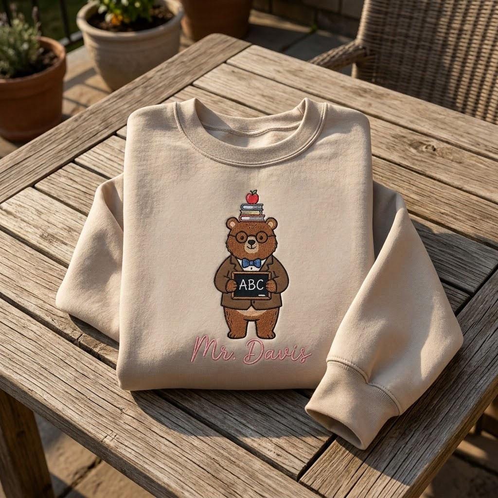 Custom Teacher Embroidered Sweatshirt, Personalized Bear Cute School Staff Crewneck