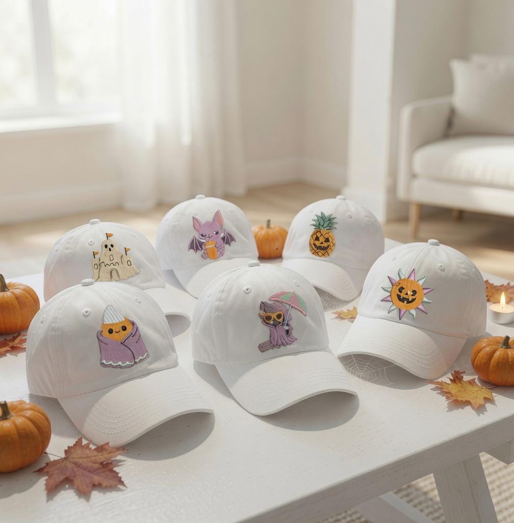 Tropical Halloween Embroidered Hat, Beach Skull and Pumpkin Baseball Cap