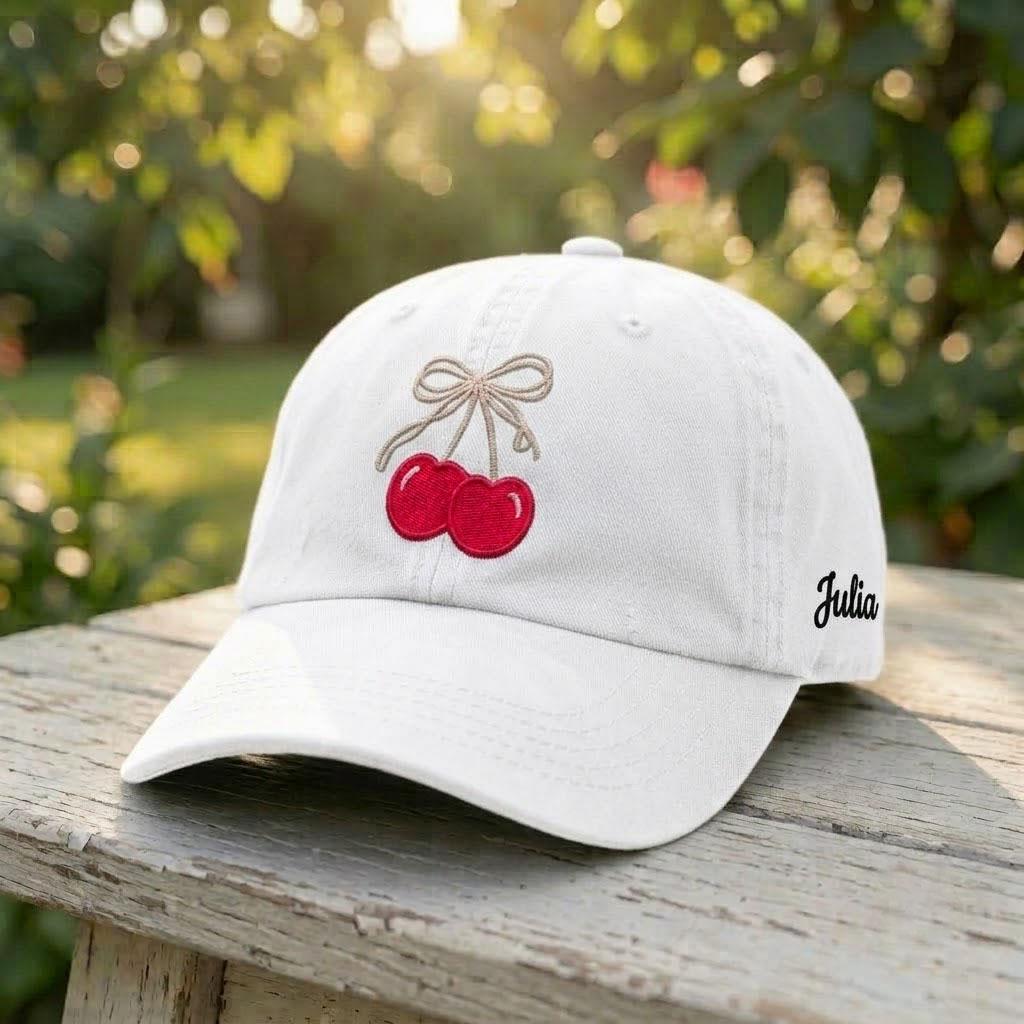 Custom Cherry Hat, Personalized Name Cap, Embroidered Cherry Dad Hat, Cute Fruit Hat, Custom Side Name Cap, Cherry Gift For Her