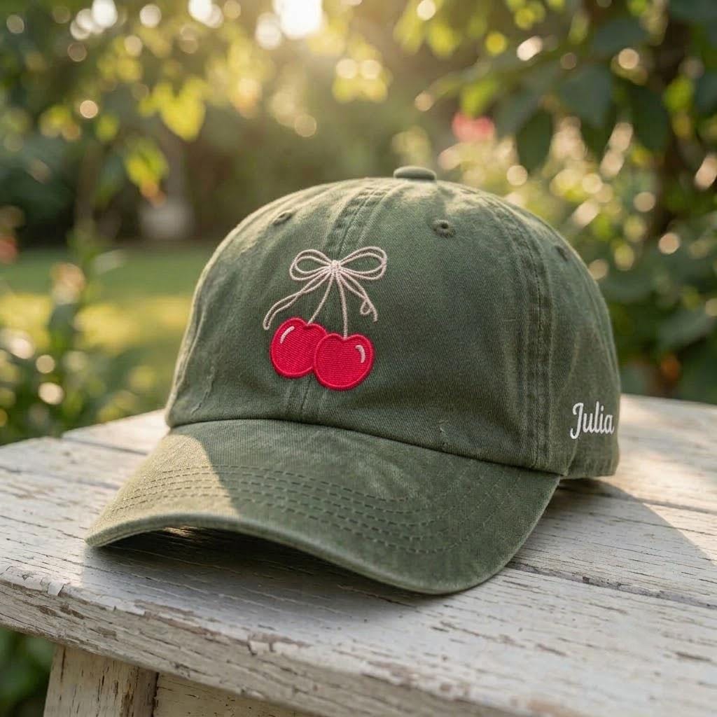 Custom Cherry Hat, Personalized Name Cap, Embroidered Cherry Dad Hat, Cute Fruit Hat, Custom Side Name Cap, Cherry Gift For Her