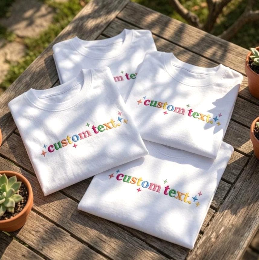 Custom Text Embroidered Shirt, Personalized Colorful Word Retro Star Embroidery Tee