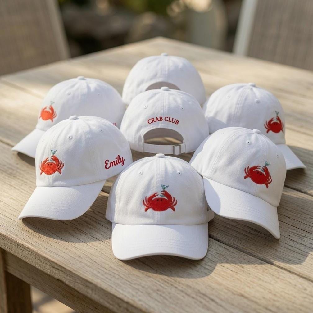 Custom Crab Club Hat, Personalized Martini Crab Cap, Beach Party Hat, Embroidered Name Hat, Custom Summer Accessory, Bachelorette Trip Gift