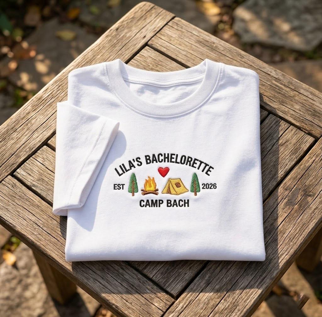 Custom Camp Bachelorette Shirt, Personalized Camping Wilderness Bridal Party Tee