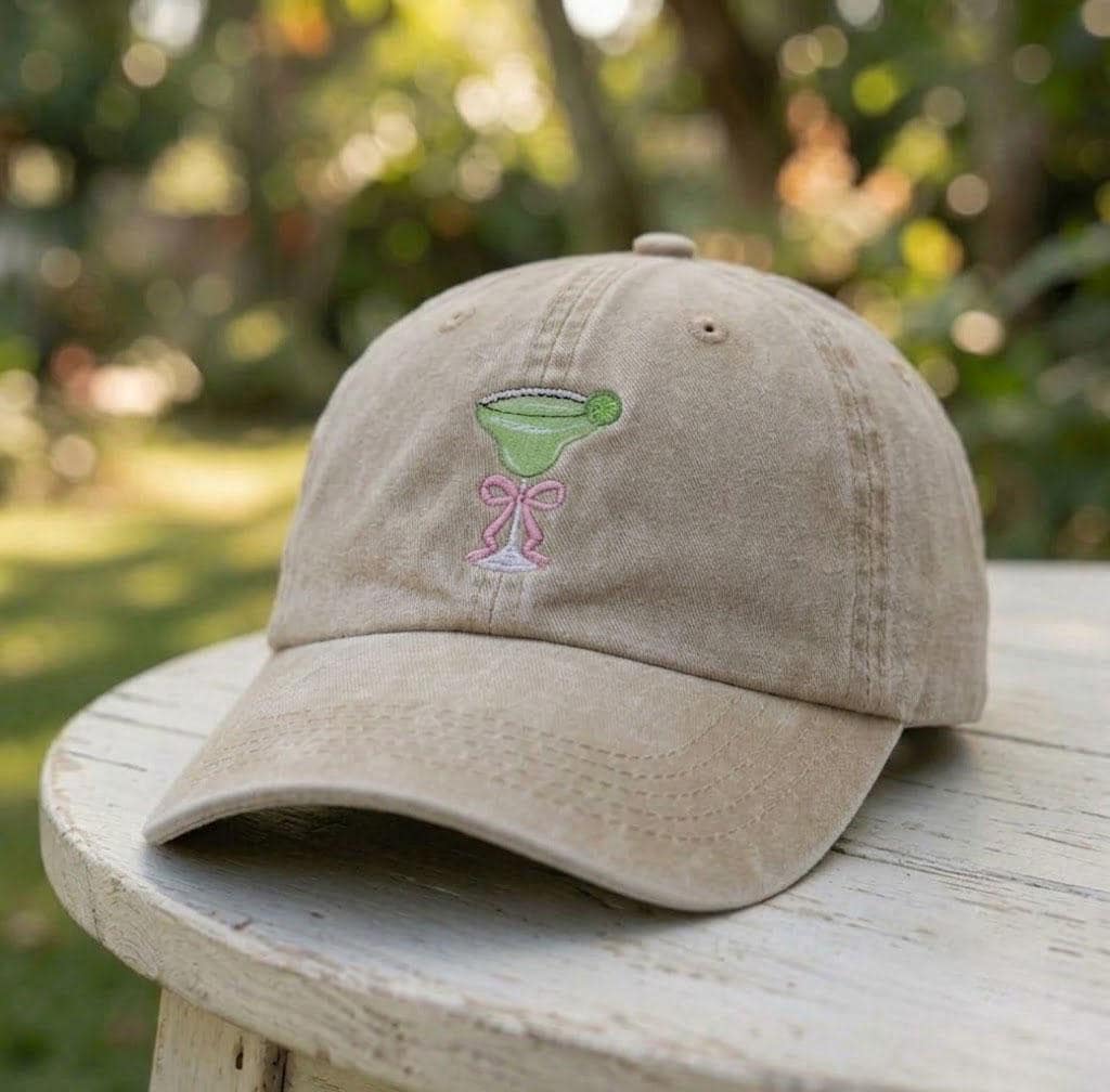 Custom Margarita Hat, Personalized Cocktail Cap, Embroidered Bow Margarita Tee, Summer Party Hat, Custom Name Side Cap, Cute Drink Gift
