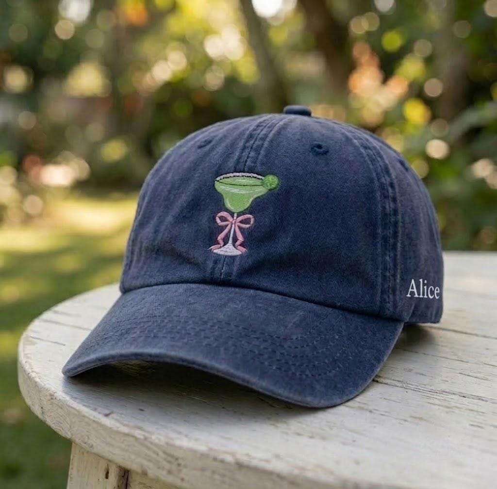Custom Margarita Hat, Personalized Cocktail Cap, Embroidered Bow Margarita Tee, Summer Party Hat, Custom Name Side Cap, Cute Drink Gift
