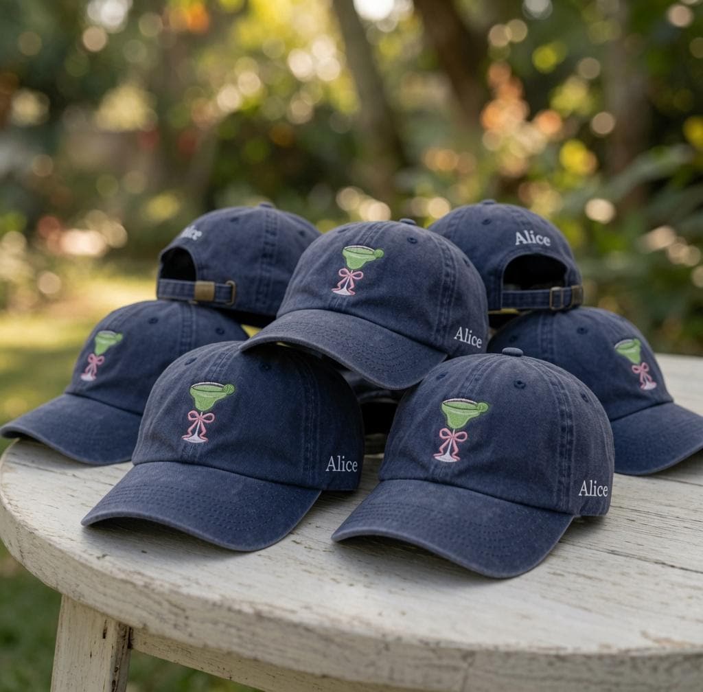 Custom Margarita Hat, Personalized Cocktail Cap, Embroidered Bow Margarita Tee, Summer Party Hat, Custom Name Side Cap, Cute Drink Gift