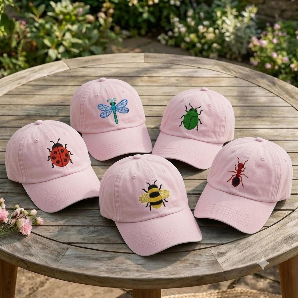 Mini Insect Embroidered Hat, Butterfly Bee Beetle Moth Baseball Cap, Nature Lover Gift