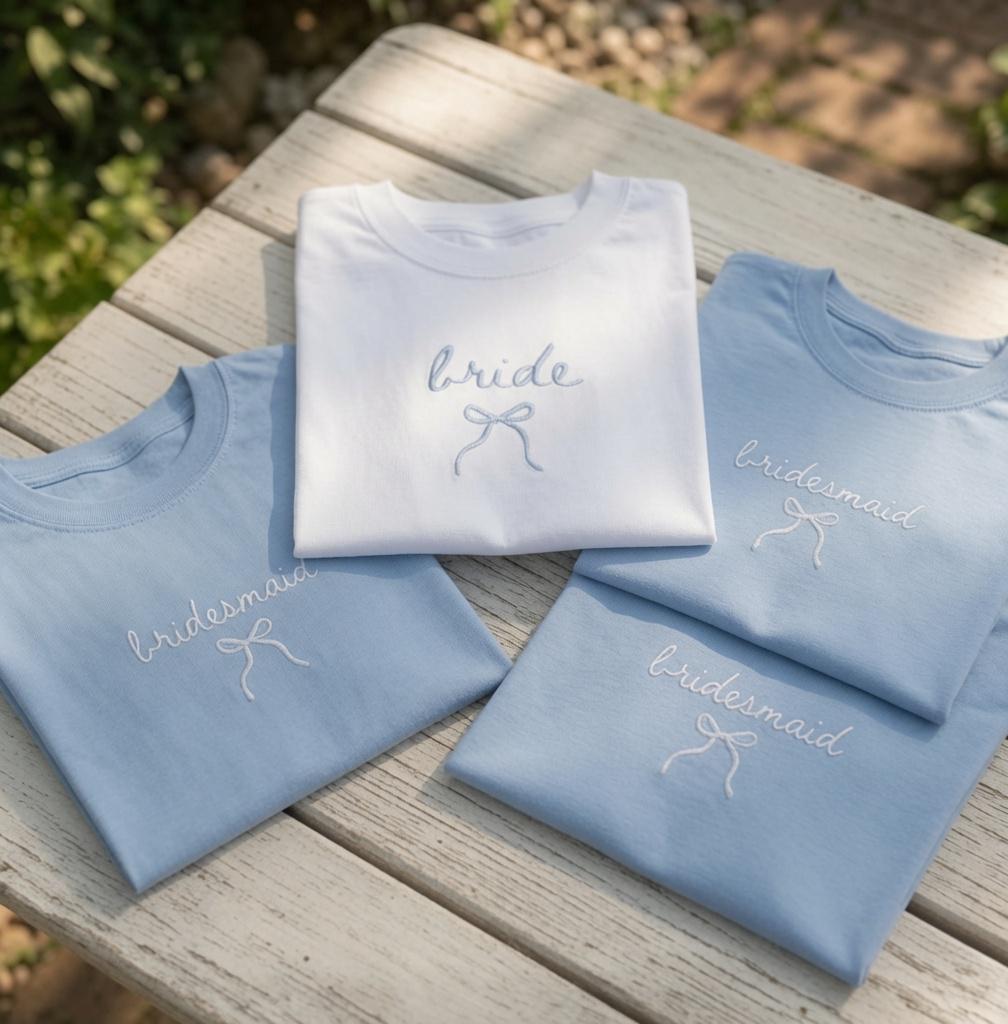 Custom Bride Bow Embroidered Shirt, Minimalist Bridesmaid Bridal Party Tee