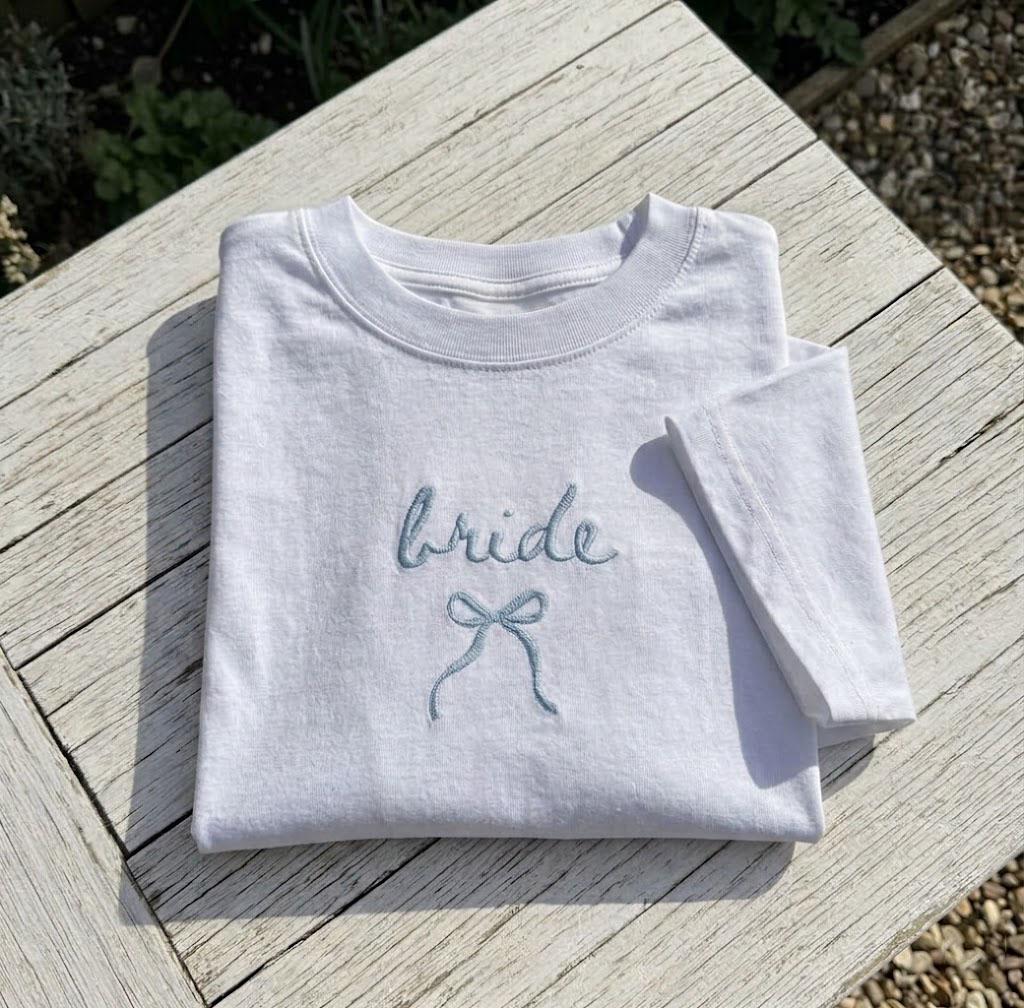 Custom Bride Bow Embroidered Shirt, Minimalist Bridesmaid Bridal Party Tee