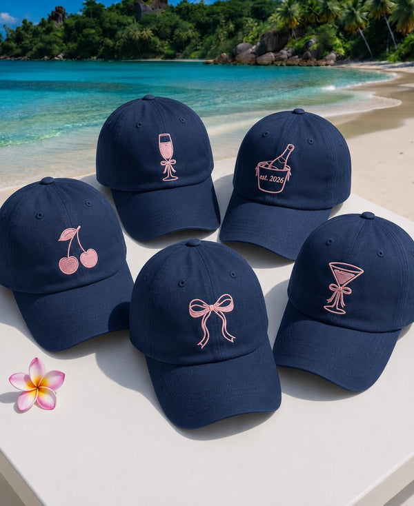 Cherry Bow Cocktail Embroidered Hat, Matching Bachelorette Party Baseball Caps, vacation hat