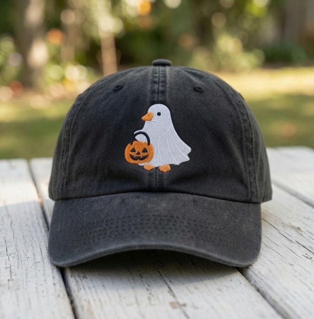 Custom Halloween Duck Hat, Embroidered Ghost Duck Cap, Funny Halloween Gift, Cute Duck Embroidered Dad Hat, Spooky Season Cap, Holiday Gift