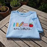 Custom Teacher Shirt, Embroidered Pencil Apple Books Back to School Personalized Tee