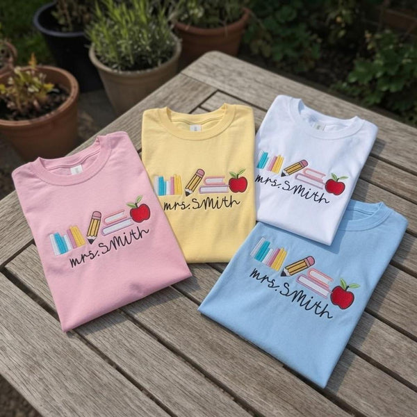 Custom Teacher Shirt, Embroidered Pencil Apple Books Back to School Personalized Tee