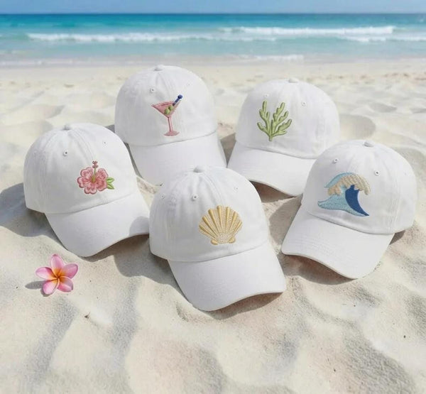 Custom Hibiscus Seashell Wave Embroidered Hat, Personalized Coastal Beach Baseball Cap