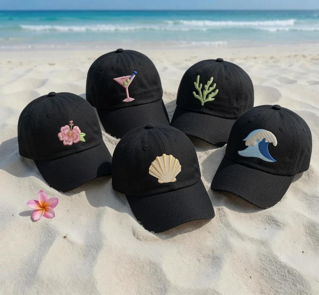 Custom Hibiscus Seashell Wave Embroidered Hat, Personalized Coastal Beach Baseball Cap