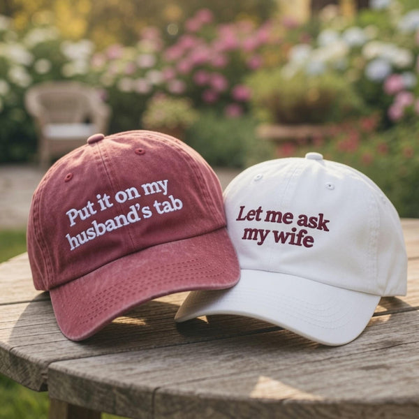 Embroidered Husband Tab Cap, Let Me Ask My Wife Hat, Funny Couple Hat Set, Matching Couple Cap, Sarcastic Gift, Relationship Humor Hat, Gift