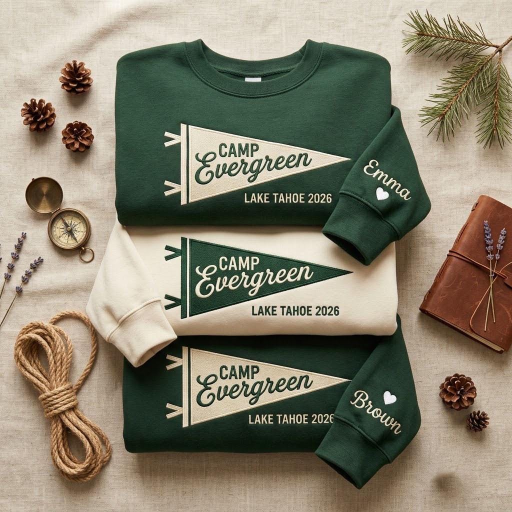 Custom Camp Lake Tahoe Sweatshirt, Personalized Camping Trip Pennant Crewneck