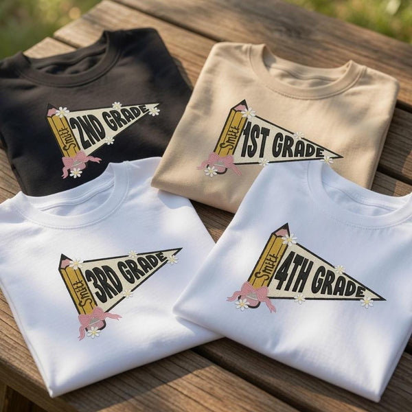 Custom Pencil Grade Teacher Shirt, Personalized Pennant Daisy Back To School Tee