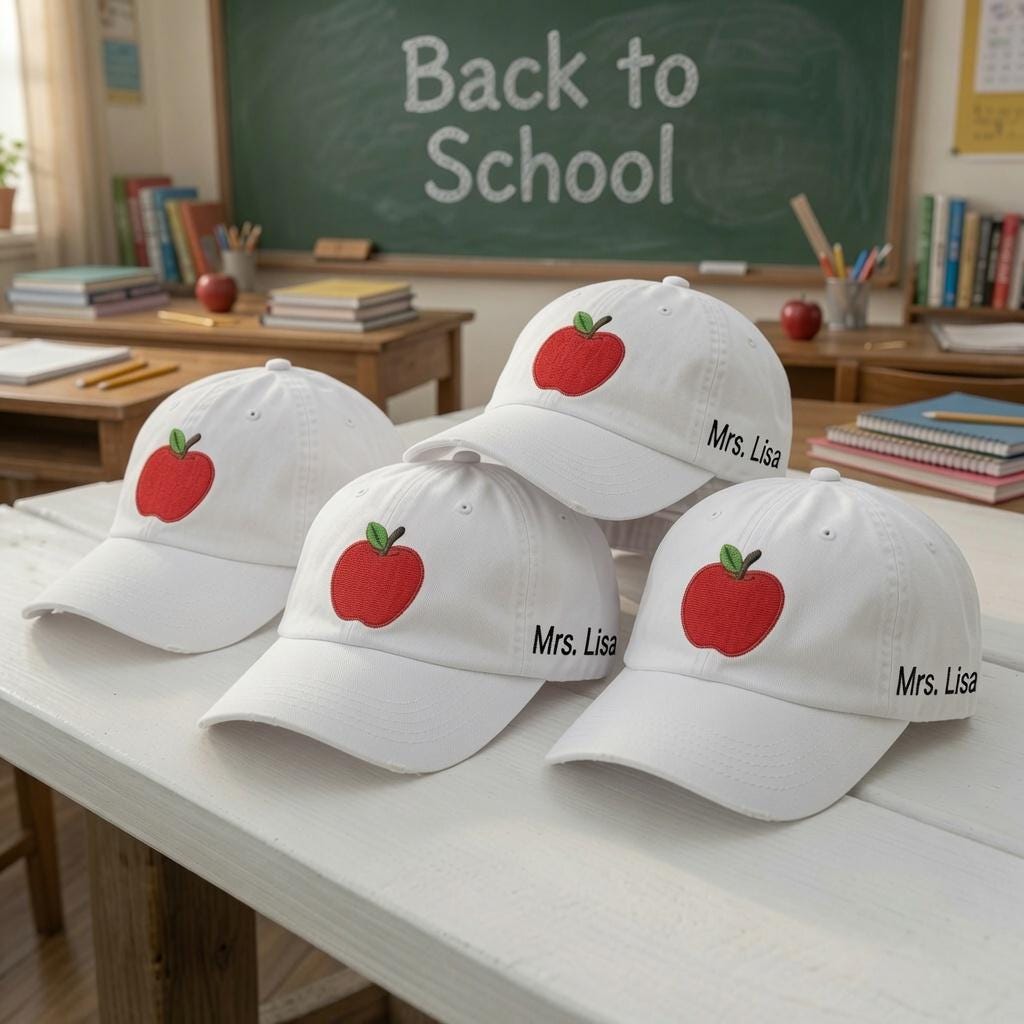 Personalized Apple Teacher Hat, Custom Name Embroidered Baseball Cap, Educator Gift