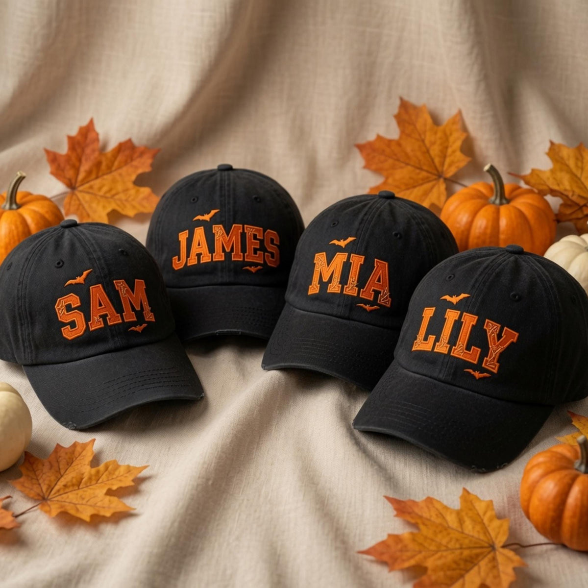Custom Name Halloween Embroidered Hat - Spooky Spiderweb & Bat Outline Cap