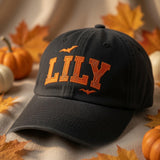 Custom Name Halloween Embroidered Hat - Spooky Spiderweb & Bat Outline Cap