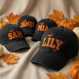 Custom Name Halloween Embroidered Hat - Spooky Spiderweb & Bat Outline Cap