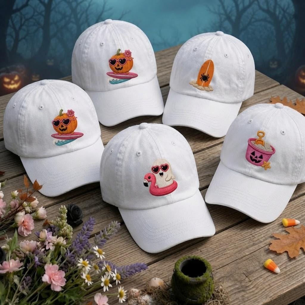 Summer Ghost and Pumpkin Embroidered Hat, Cute Spooky Beach Baseball Cap