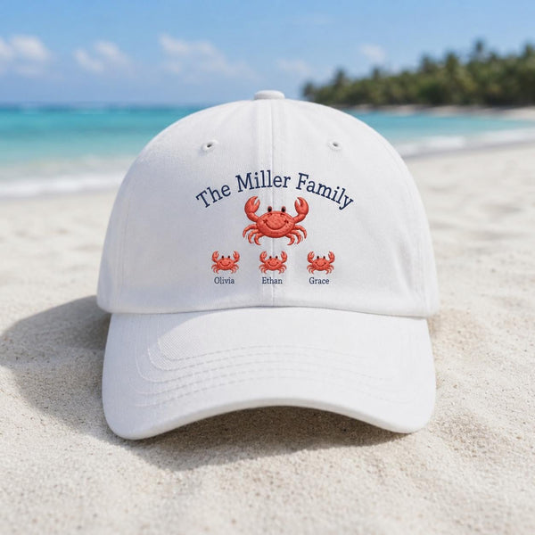 Personalized Family Crab Embroidered Hat, Custom Matching Beach Baseball Cap, Family Vacation Gift