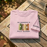 Custom Book Lover Sweatshirt, Fully Booked Embroidered Sleeve Name Reading Crewneck