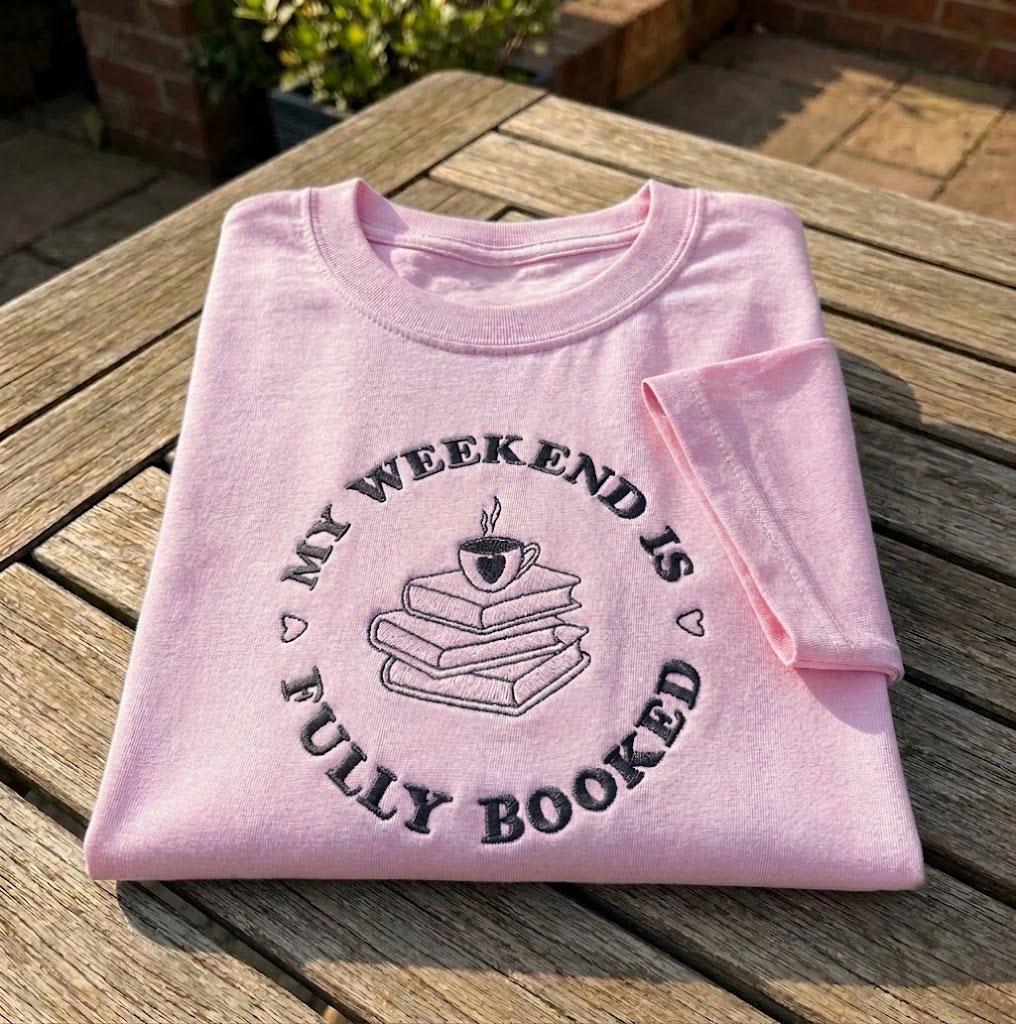 Custom Book Lover Shirt, Fully Booked Embroidered Coffee Bookworm Reading Club Tee