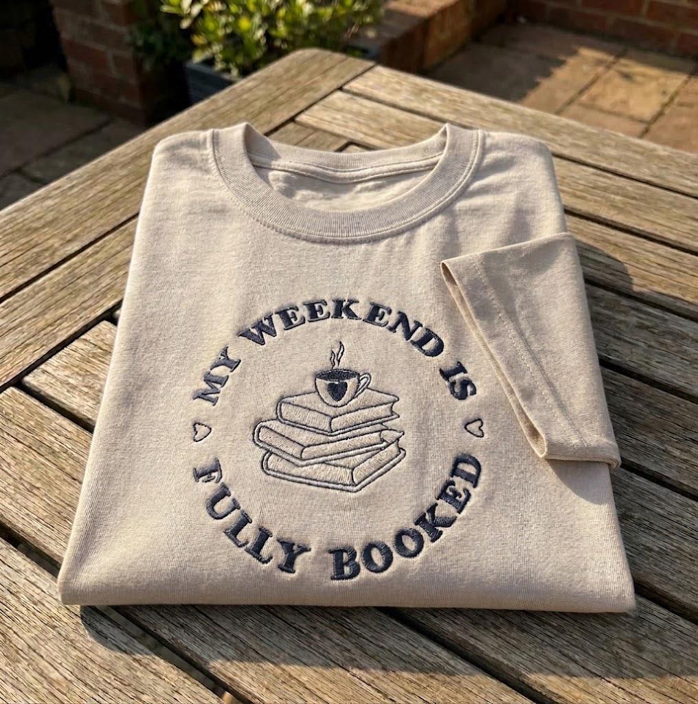 Custom Book Lover Shirt, Fully Booked Embroidered Coffee Bookworm Reading Club Tee