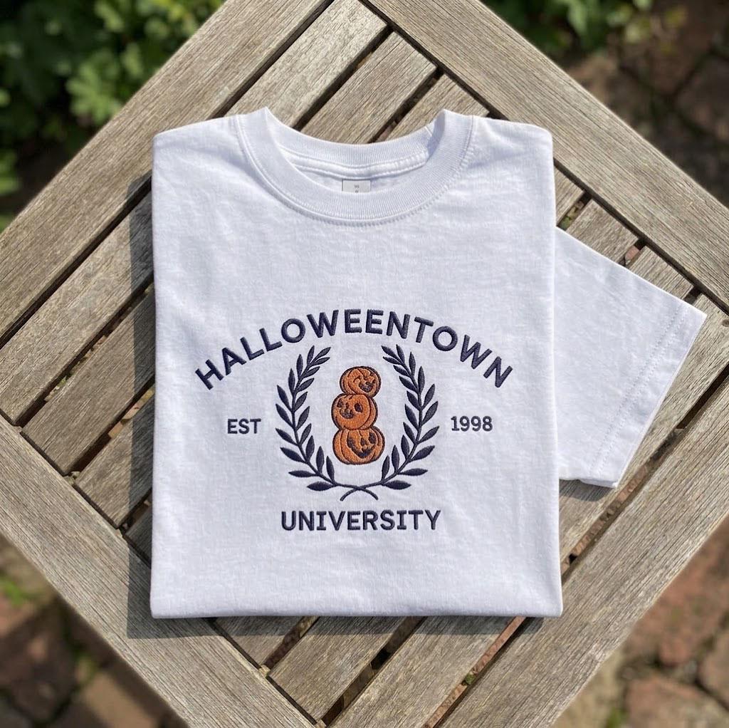 Halloweentown University Sweatshirt, Embroidered Pumpkin Halloween College Crewneck