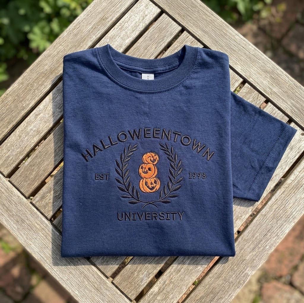 Halloweentown University Sweatshirt, Embroidered Pumpkin Halloween College Crewneck