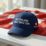 Switzerland Great Since 1291 Embroidered Hat, Swiss Pride Cap, Swiss Heritage Hat, Custom Switzerland Gift, Travel Souvenir Cap, Swiss Flag