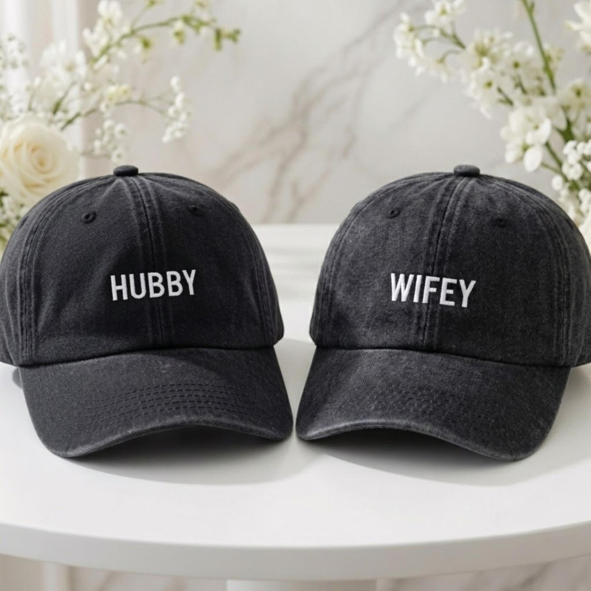Matching Bride Groom Embroidered Hats, Custom Wedding Couple Washed Cotton Baseball Caps