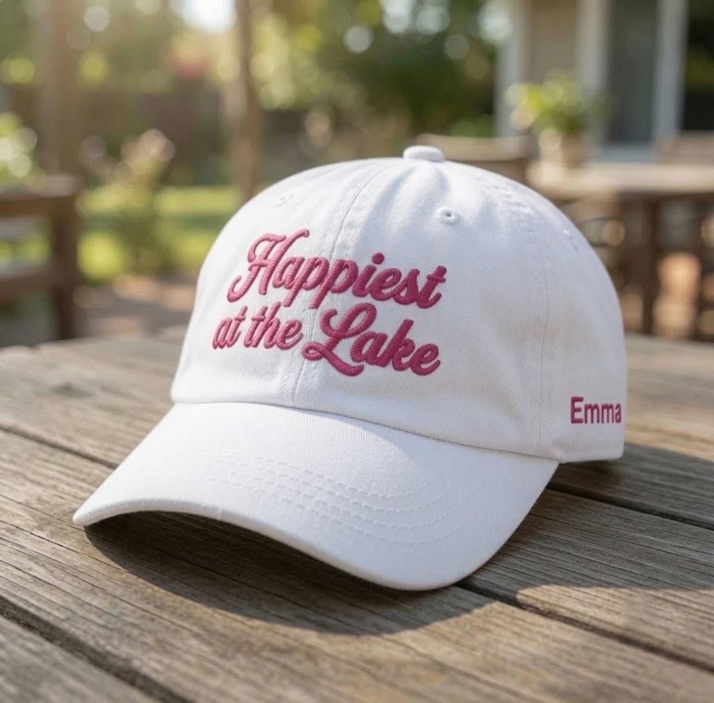 Custom Happiest at the Lake Hat, Embroidered Lake Trip Cap, Personalized Lake House Gift, Summer Vacation Cap, Custom Date Dad Hat