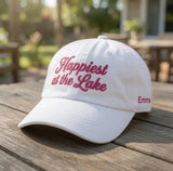 Custom Happiest at the Lake Hat, Embroidered Lake Trip Cap, Personalized Lake House Gift, Summer Vacation Cap, Custom Date Dad Hat